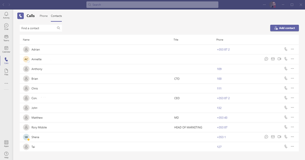 Microsoft teams calling contacts