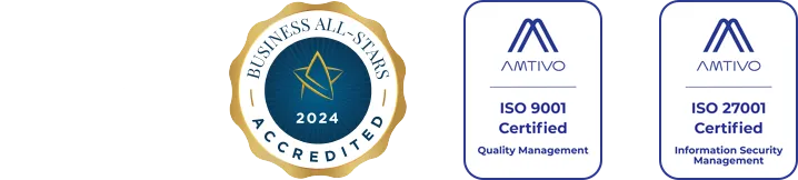 Guaranteed Irish, Business All Stars Accredited, ISO 9001 and ISO 27011 logos