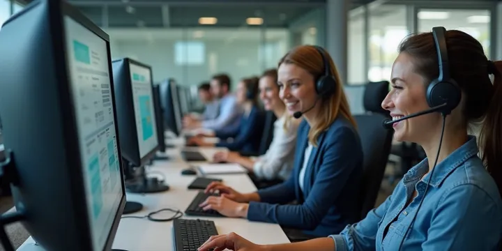 A modern open plan office with call centre workers in smart formal attire