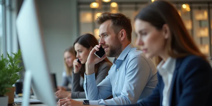busy and stressed looking office team