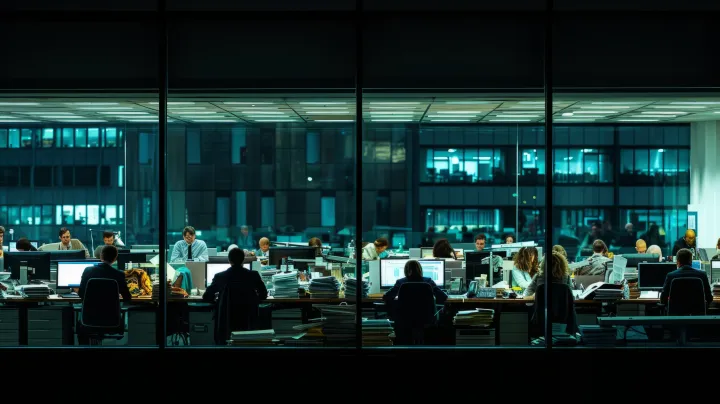 Busy office workers working at night