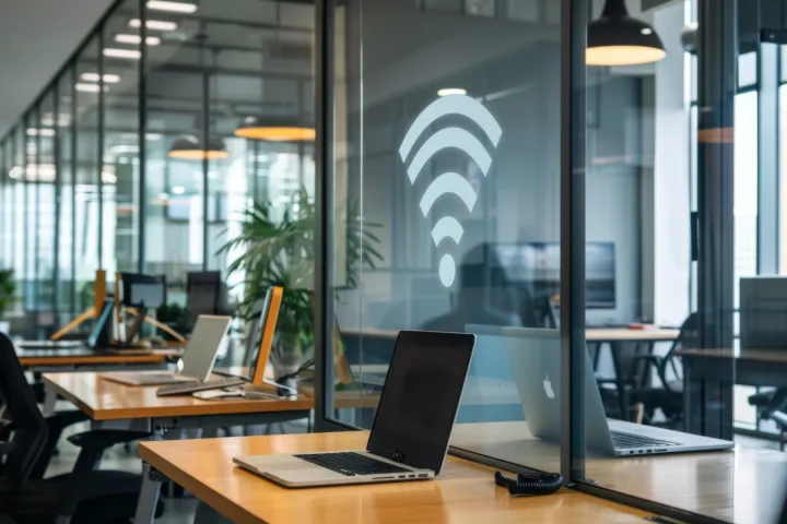 modern office workspace with laptop wifi