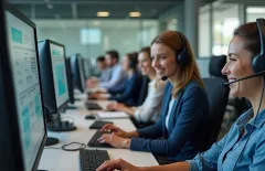 A modern open plan office with call centre workers in smart formal attire