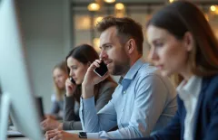 busy and stressed looking office team