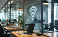 modern office workspace with laptop wifi