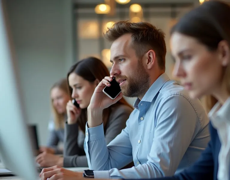 Busy office team taking calls